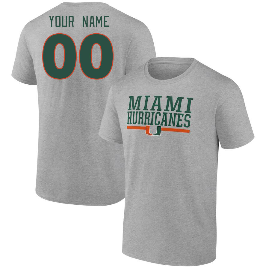 Custom Miami Hurricanes Name And Number College Tshirt-Gray
